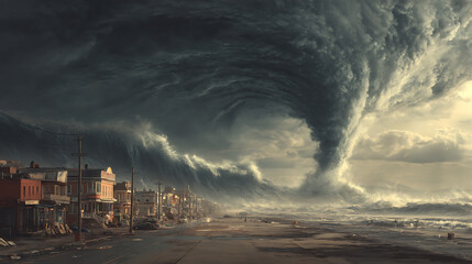 A tsunami hit a seaside town, apocalyptic dramatic background, giant tsunami waves, dark stormy sky, tornado, huge waves tsunami big waves, digital art