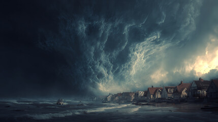 Fototapeta premium A tsunami hit a small seaside town, apocalyptic dramatic background, giant tsunami waves, dark stormy sky, tornado, huge waves tsunami big waves