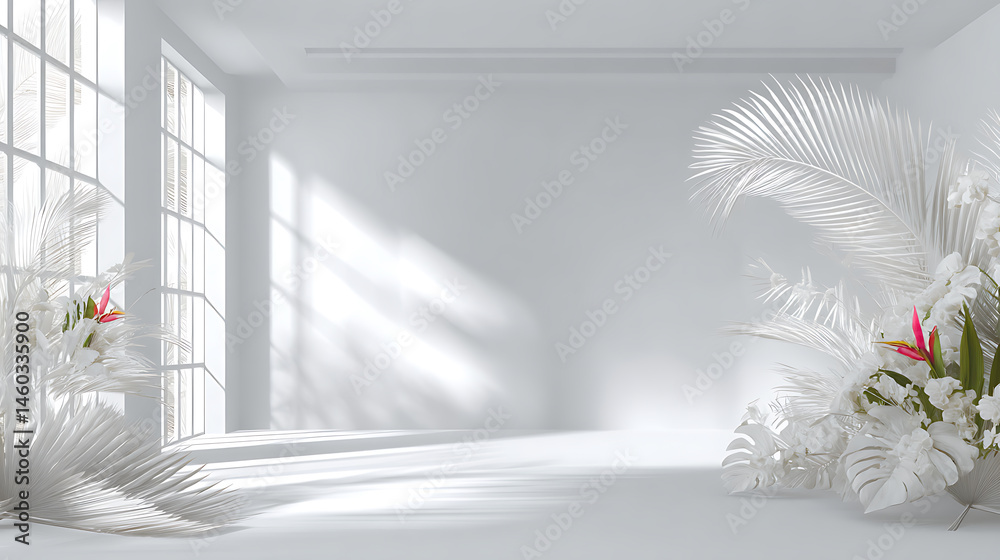 Aufkleber a white studio background is available for product presentation, the room is empty with window shado