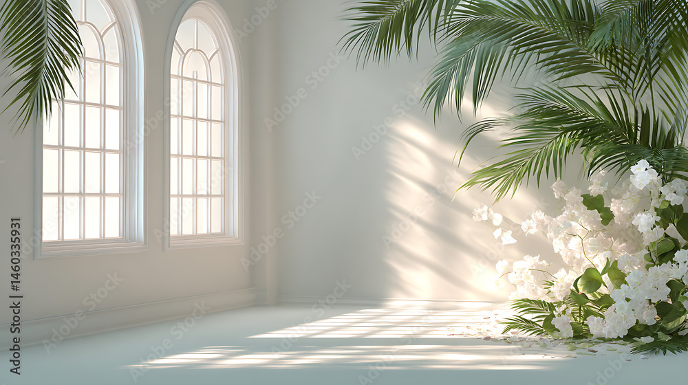 Poster A white studio background is available for product presentation, the room is empty with window shadows, flowers, and palm leaves, it is a 3d room with copy space, the backdrop is blurred, creating