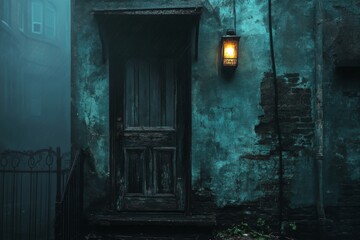 Fototapeta premium Old narrow staircase in dimly lit mysterious building
