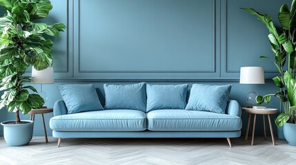 Elegant living room interior with a serene blue color scheme.