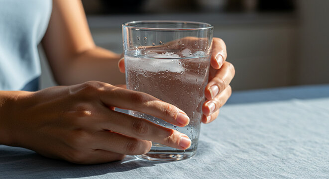 Hands Holding Glass of Cold Water