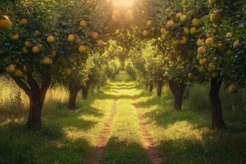 Naklejka premium Sunny orchard with rows of orange trees and green grass