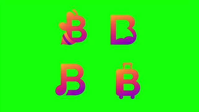 Animated collection of creative letter "B" logo designs. Showcase a bee-themed logo, a muscle flex logo, a music note logo, and a suitcase logo. 