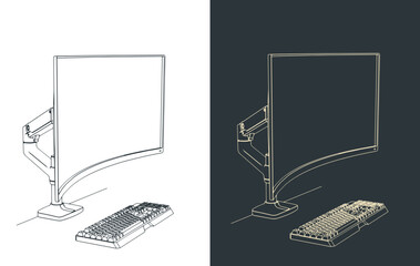 Curved monitor on arm stand with a mechanical keyboard close-up