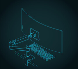Curved ultrawide monitor on arm stand with a keyboard