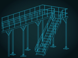 Industrial steel platform and stairs isometric blueprints illustration
