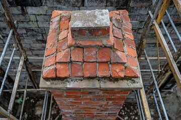 Fototapeta premium Construction site with steel structure and brick chimney in vertical view