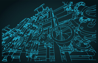 Industrial valves and pipes close up illustration