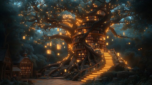 Enchanted Library Treehouse Fantasy Night With Books And Fairy Lights High Resolution Images