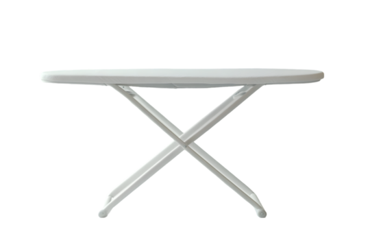 A simple PNG white ironing board with crossed legs isolated on a transparent background in a studio shot 