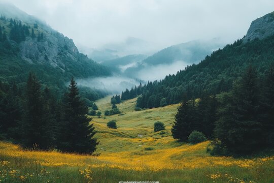 Wide valley with green grass and distant mountains under cloudy sky