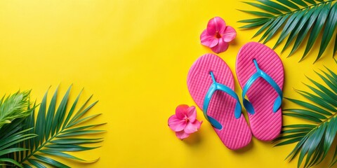 Naklejka premium Vibrant Summer Sandals, Tropical Leaves, and Delicate Pink Blossoms on a Sunny Yellow Background