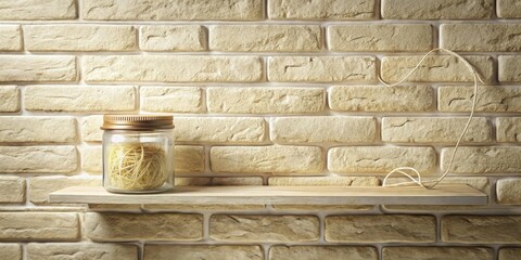 Naklejka premium A glass jar with light beige string sits on a wooden shelf against a pale brick wall, a length of similar string rests casually on the shelf