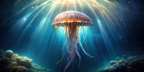 Fototapeta premium An Enigmatic Deep Sea Jellyfish Illuminated by Celestial Rays in an Aquatic Realm