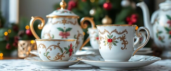 tea set with a christmas tree in the background