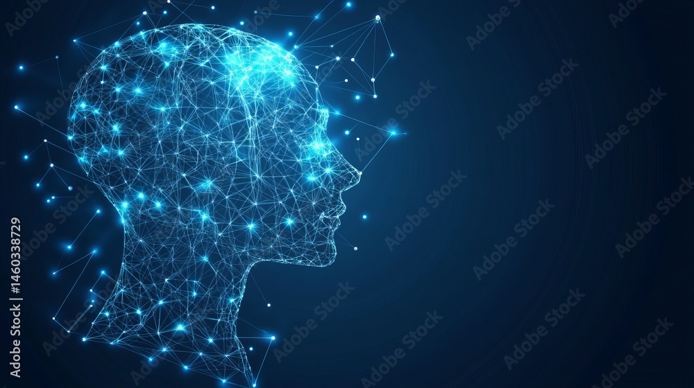 Wall mural abstract digital head profile network connection lines art data mind mesh blue dark glow brain cyber