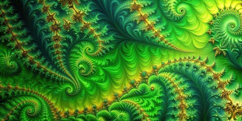 Abstract Green and Gold Swirling Fractal Landscape with Intricate Details and Lush, Organic Forms