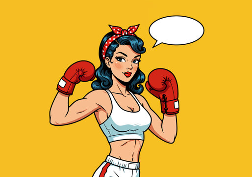 Powerful vector pop art flat illustration of a pin-up boxing girl with gloves and a speech bubble. Retro comic style for strong and determined designs