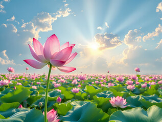 太陽と広大な蓮の花畑をバックにピンクの蓮の花のアップ
