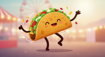 Happy Taco at the Carnival! A cheerful illustration of a taco character joyfully dancing against a blurred carnival background, filled with vibrant colors and playful energy.
