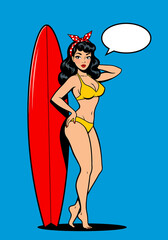 Retro vector pop art flat illustration of a pin-up surfer girl with a surfboard and speech bubble. Classic vintage style for fun and nostalgic designs
