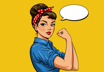 Empowering vector pop art flat illustration of a strong pin-up woman flexing her arm. Retro style with a speech bubble, symbolizing female power and determination. Ideal for feminist designs