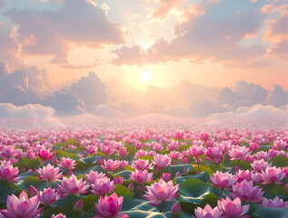 太陽とうねる雲をバックに広大な薄いピンクの蓮の花畑