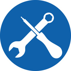 A white wrench and screwdriver crossed over a blue circular background, representing tools or maintenance