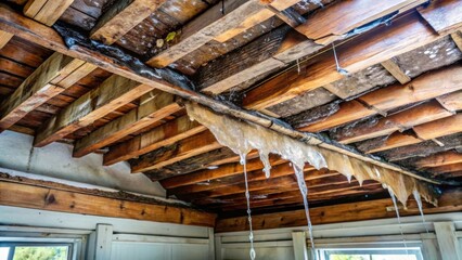 Water Damage and Ice Formations on a Rustic Wooden Ceiling