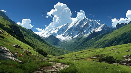 Obraz premium Verdant valley ascends to snowy mountain peaks