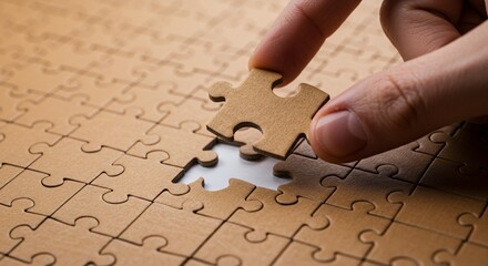 Hand placing the final puzzle piece to complete the jigsaw puzzle