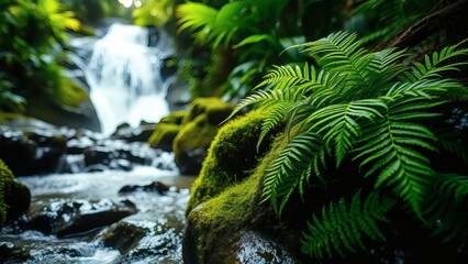 Fototapeta premium Lush tropical waterfall with moss-covered rocks and vibrant green fern