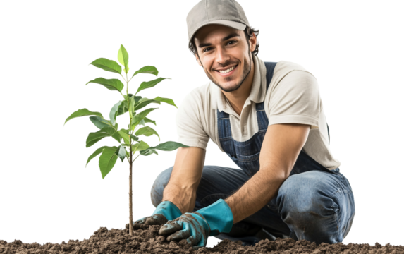 Person planting a tree sapling by hand in dirt showing eco friendly initiative and community involvement isolated on white background PNG