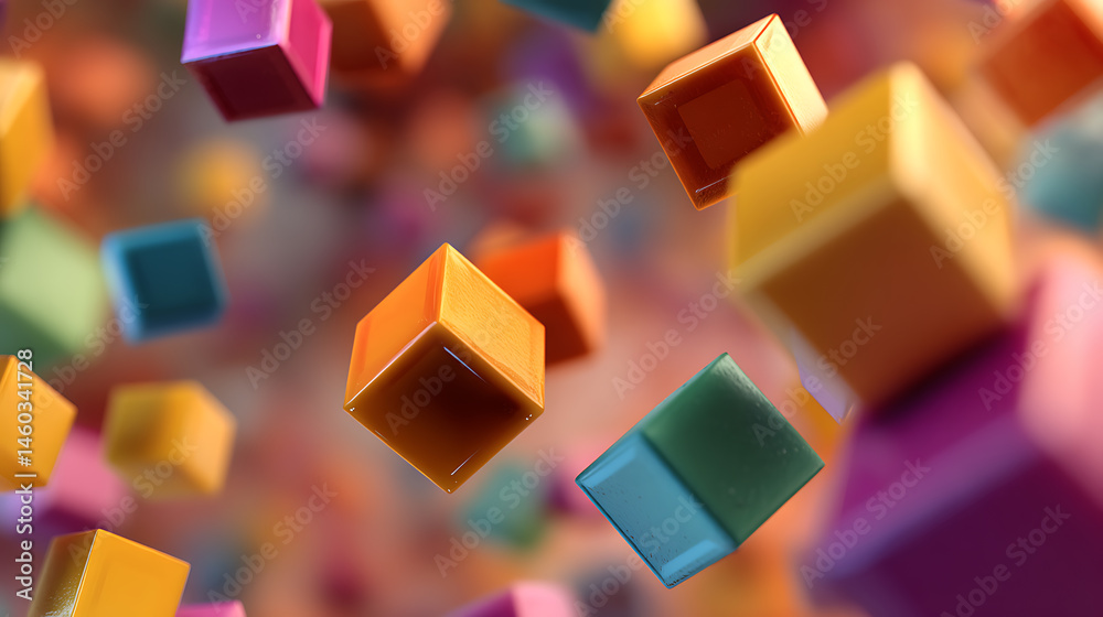 Leinwandbilder Abstract 3d rendering of chaotic colorful cubes floating in the air, background with flying cubes