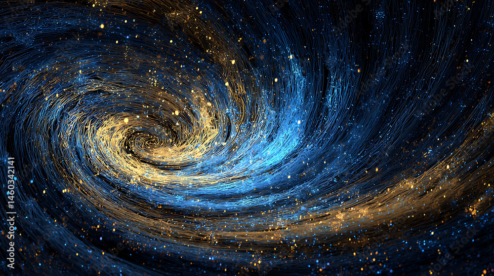 Poster Abstract blue and gold particle vortex with dynamic swirl and wind blowing effect in motion for artistic background