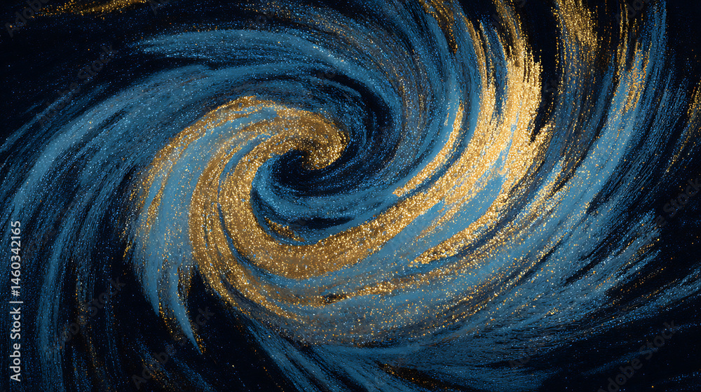 Poster Abstract blue and gold particle vortex with dynamic swirl and wind blowing effect in motion for artistic background