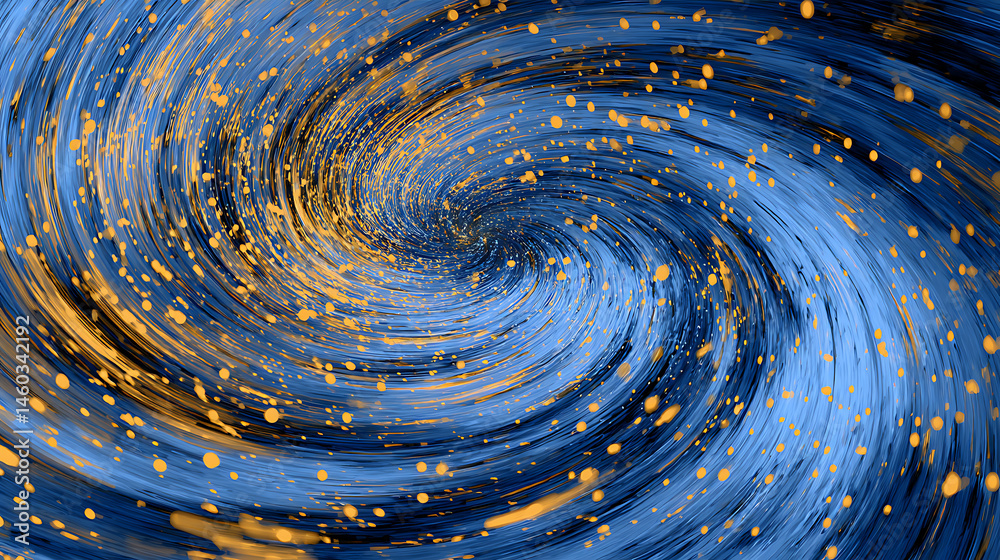 Poster Abstract blue and gold particle vortex with dynamic swirl and wind blowing effect in motion for artistic background