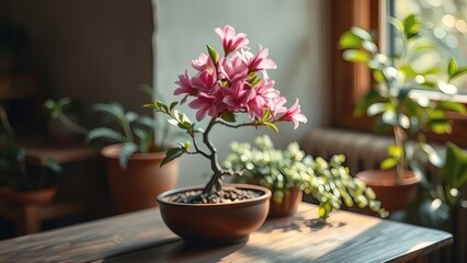 Blooming Azalea Bonsai Tree With Pink Flowers Indoors on Wooden Table