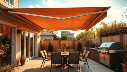 Stylish patio setup features a retractable awning, dining set, and gri