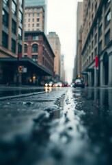 wet city street with buildings and cars