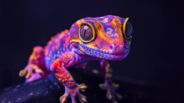 A mesmerizing leopard gecko showcases its vivid colors and unique patterns while navigating its dark habitat. Its large eyes and textured skin create an enchanting sight in the nocturnal environment