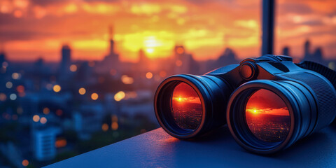 Binoculars on a windowsill offer a perfect view of a sunset over the city skyline during an evening hobby session
