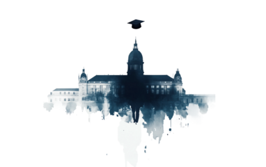 Silhouette of a university building with a floating diploma symbolizing academic achievement and graduation isolated on white background PNG