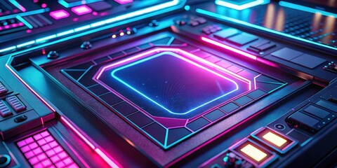 Abstract Futuristic Technology Interface with Vibrant Neon Lighting and Complex Panel Design