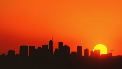 Naklejka premium Retro city skyline at dusk with orange sunburst and halftone effect