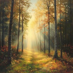 Obraz premium Golden sunlight streams through a tranquil autumn forest.