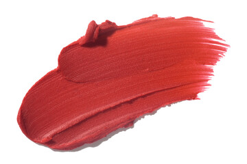 Make up beauty product. Lipstick warm red or burgundy smudge swatch on white colored background