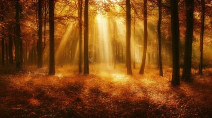 Obraz premium Golden sunlight streams through autumnal forest trees.
